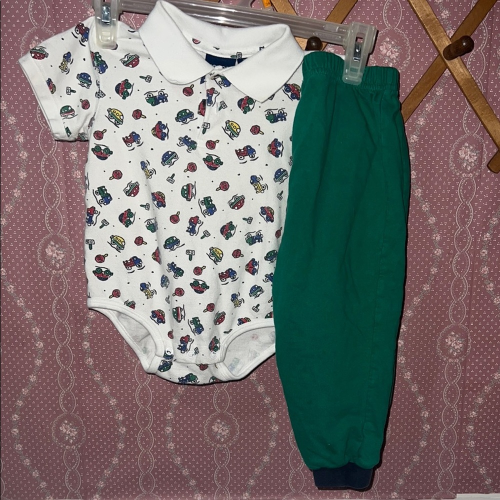 Vintage primary Color Car Onesie and Green Pants Set